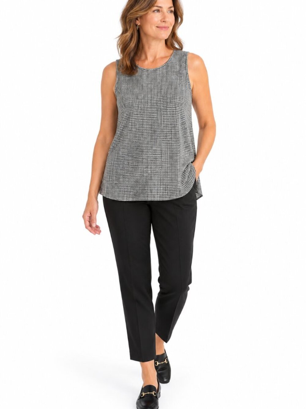 J Jill Wearever Houndstooth Tank Top Womens LP Black White Stretch Knit